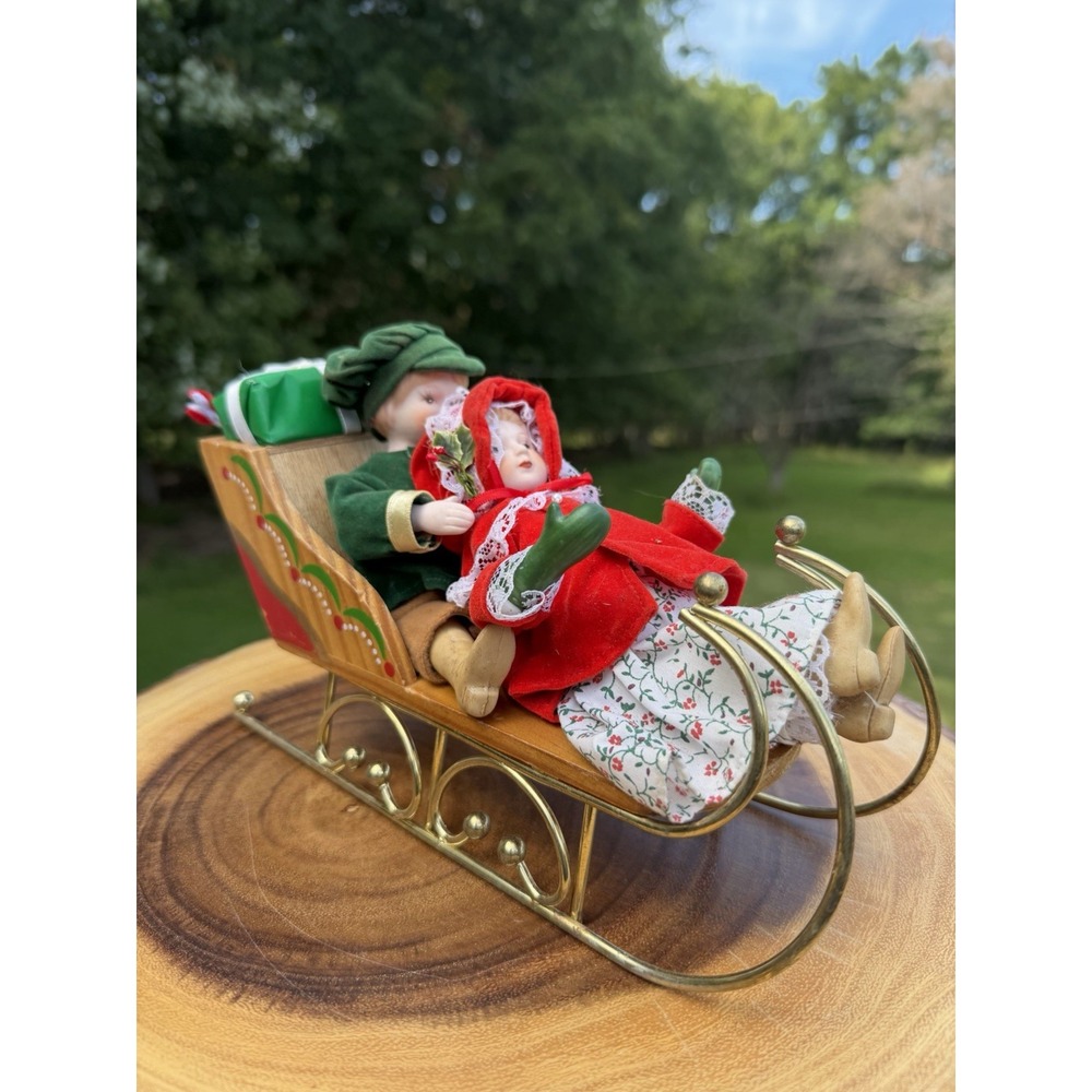 Vintage Musical Christmas Sleigh 9-1/2" Wood Brass with Boy & Girl Figurines